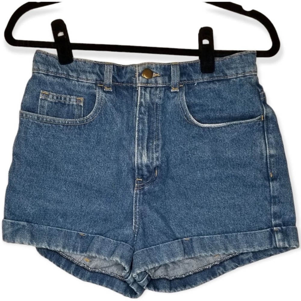 American Apparel Sz 28 High Rise Cuffed Jean Shorts Medium Wash Denim  2" Inseam